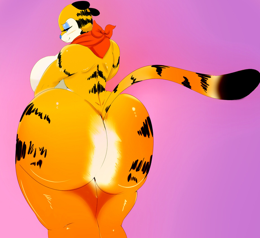 2018 big_breasts big_butt blue_nose breasts butt crossgender eyelashes eyeshadow feline female frosted_flakes fur huge_butt kellogg's looking_back makeup mammal mascot nude pokebii side_boob simple_background solo stripes thick_thighs tiger tony_the_tiger voluptuous wide_hips