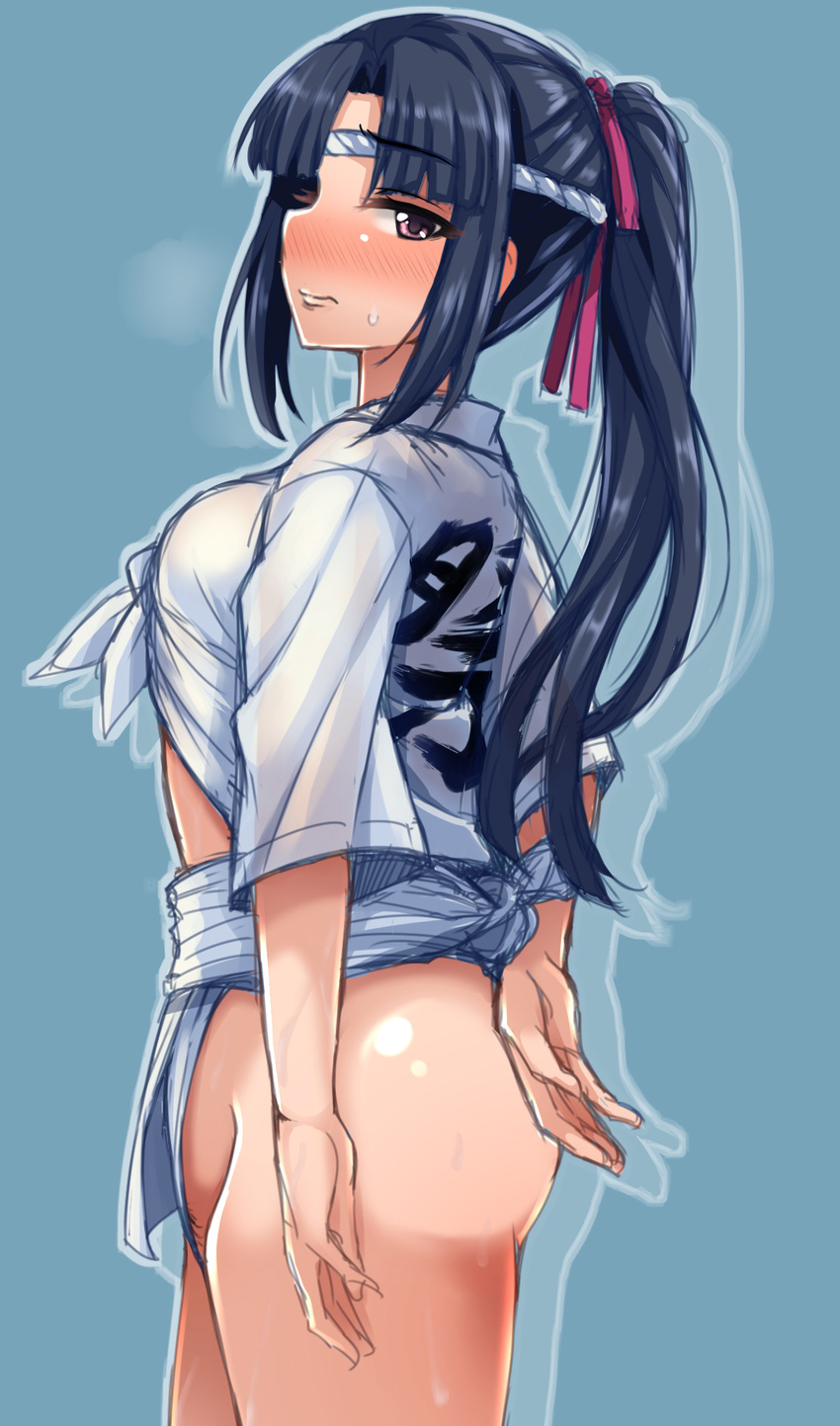 ass back black_hair blush breasts fundoshi highres idolmaster idolmaster_cinderella_girls japanese_clothes long_hair looking_at_viewer medium_breasts mizuno_midori ponytail purple_eyes solo sweatdrop yunodon_(sugar_maple)