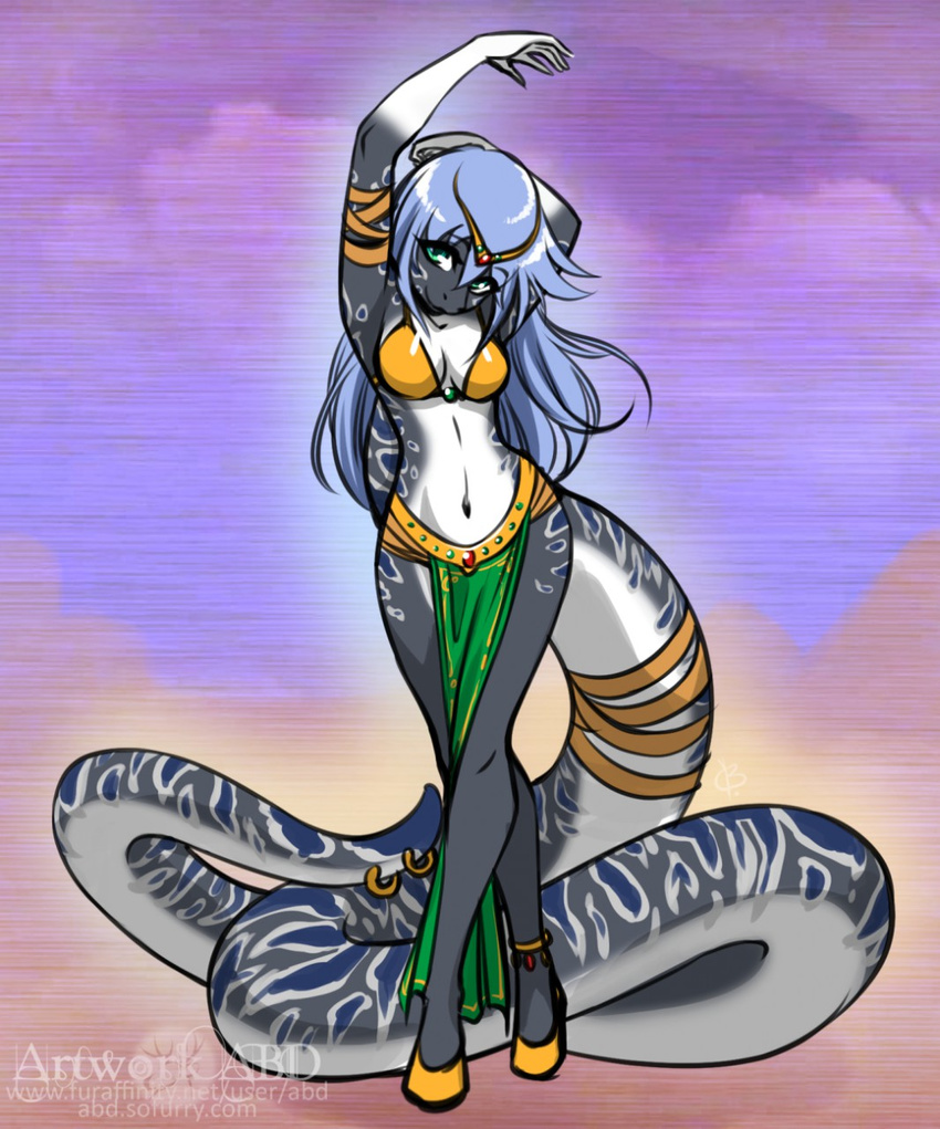 5_fingers abluedeer anthro bikini bikini_top blue_eyes blue_hair breasts clothed clothing digital_media_(artwork) female hair long_tail looking_at_viewer midriff navel reptile scalie simple_background smile snake solo standing swimsuit