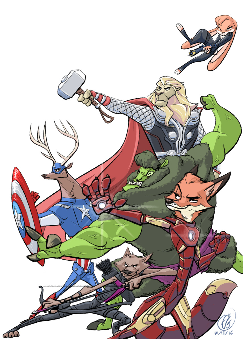 2016 action_pose alternate_species anthro armor arrow black_widow_(marvel) bow_(weapon) canine caprine captain_america cervine claws crossover deer disney feline female fox furrification group gun hammer hawkeye hi_res holding_object holding_weapon iron_man lagomorph lion long_ears machine male mammal marvel pose power_armor rabbit ranged_weapon sheep shield simple_background team_pose the_avengers the_incredible_hulk thephantompencil thor_(marvel) toe_claws tools weapon white_background wolf zootopia