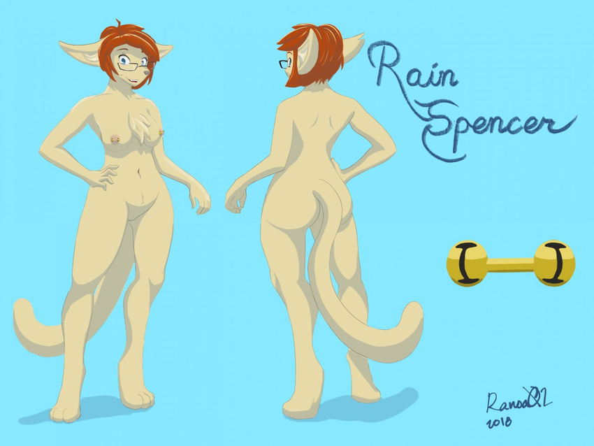 anthro basitin blue_background breasts chest_tuft digitigrade english_text eyewear fan_character female floof front_view fur glasses hair looking_at_viewer mammal model_sheet nipple_piercing nipples nude piercing pussy rain_spencer ranoa02 rear_view short_hair simple_background smile tan_fur text tuft twokinds