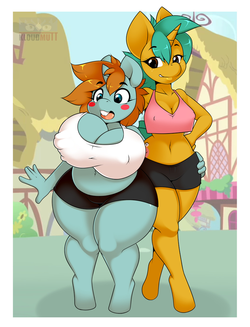 2017 anthro belly big_breasts blush breast_grab breast_size_difference breasts buckteeth cleavage clothed clothing crossgender digital_media_(artwork) duo equine female friendship_is_magic hand_on_breast hand_on_hip hi_res horn huge_breasts kloudmutt mammal midriff my_little_pony navel overweight overweight_female ponyville public simple_background slightly_chubby snails_(mlp) snips_(mlp) teeth thick_thighs unicorn wide_hips