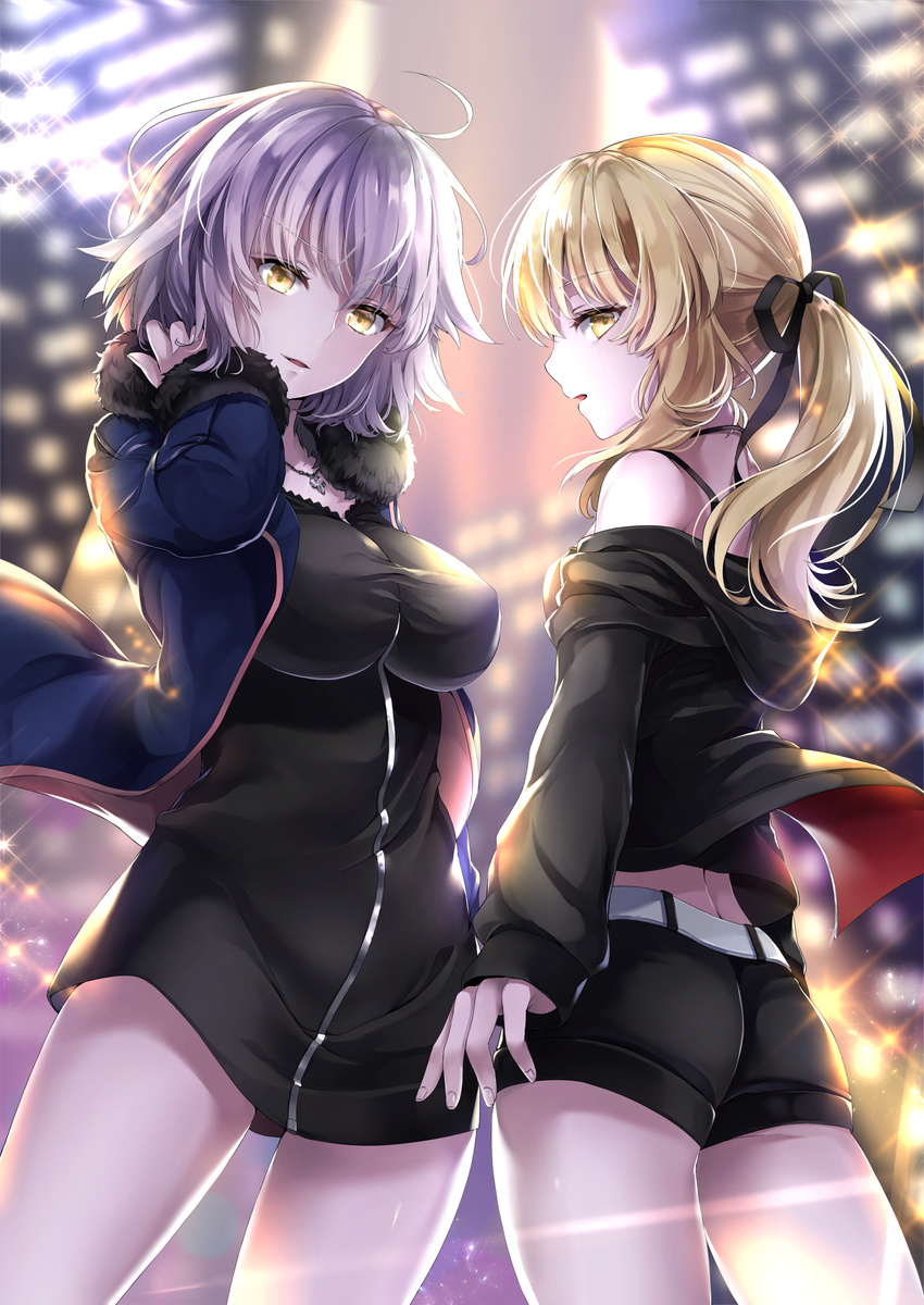 absurdres artoria_pendragon_(all) ass belt black_dress black_jacket black_ribbon black_shorts blonde_hair blue_jacket breasts covered_nipples cowboy_shot dress fate/grand_order fate_(series) from_below fur_trim hair_ribbon hand_in_hair hane_yuki highres jacket jeanne_d'arc_(alter)_(fate) jeanne_d'arc_(fate)_(all) jewelry large_breasts long_hair looking_at_viewer looking_back multiple_girls necklace off_shoulder open_clothes open_jacket open_mouth ponytail ribbon saber_alter short_dress short_shorts shorts silver_hair standing wicked_dragon_witch_ver._shinjuku_1999 yellow_eyes
