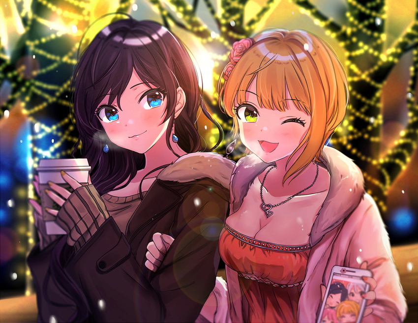 2hands1cup ;d ahoge backlighting bangs blonde_hair blurry blurry_background blush breasts breath brown_coat cleavage closed_mouth coat collarbone cup depth_of_field drinking_glass earrings eyebrows_visible_through_hair eyelashes flower fur_collar fur_trim green_eyes hair_flower hair_ornament hand_on_another's_arm hayami_kanade heart heart_necklace highres holding holding_cup ichinose_shiki idolmaster idolmaster_cinderella_girls jewelry lazy_lazy_(idolmaster) lens_flare lips long_hair long_sleeves looking_at_viewer medium_breasts miyamoto_frederica multiple_girls nail_polish necklace one_eye_closed open_clothes open_coat open_mouth outdoors parted_bangs pendant pink_coat pink_nails shiny shiny_hair shiomi_shuuko short_hair sleeves_past_wrists smile tareme tomato_omurice_melon yellow_nails