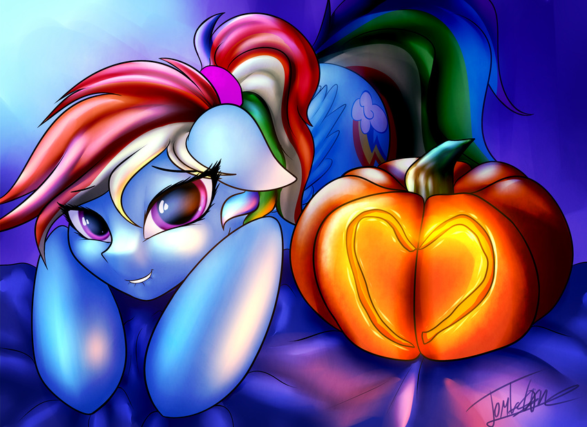 &lt;3 2015 bed elzzombie equine female food friendship_is_magic fruit jack_o_lantern looking_at_viewer mammal my_little_pony pegasus ponytail pumpkin rainbow_dash_(mlp) solo wings