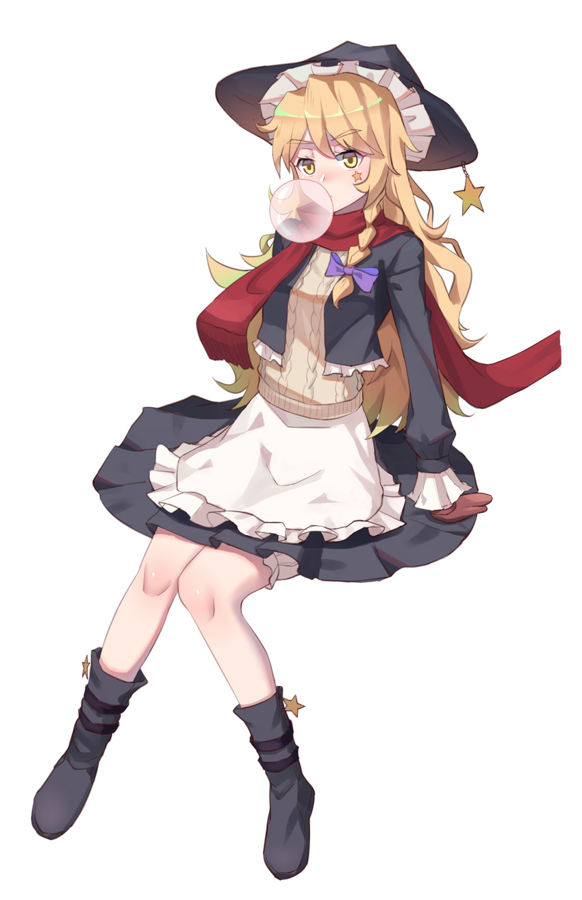 alternate_costume apron black_footwear black_skirt blonde_hair blush boots bow brown_mittens bubble_blowing chewing_gum du_mogu eyebrows_visible_through_hair frilled_apron frilled_hat frilled_jacket frills full_body hair_bow hat highres invisible_chair kirisame_marisa knee_boots knees_together_feet_apart long_hair long_sleeves looking_at_viewer mittens no_socks nose_blush purple_bow red_scarf ribbed_sweater scarf shiny shiny_hair simple_background sitting skirt solo star sweater thick_eyebrows touhou very_long_hair waist_apron white_apron white_background witch_hat yellow_eyes yellow_sweater