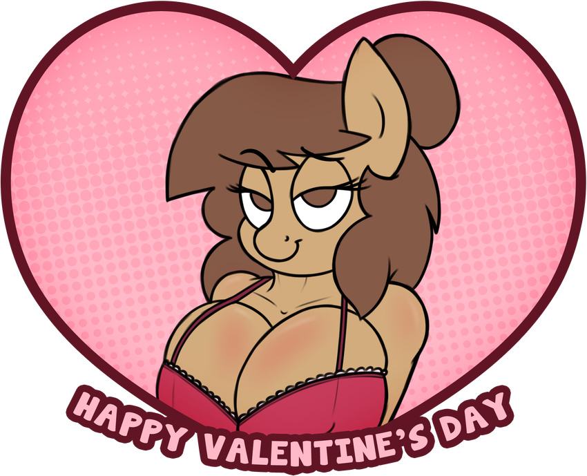 &lt;3 anthro big_breasts bra breasts brown_eyes brown_hair cleavage clothed clothing english_text equine eyebrows eyelashes fan_character female georgia_lockheart hair holidays horse mammal my_little_pony pony smile solo stunnerpony text underwear valentine's_day