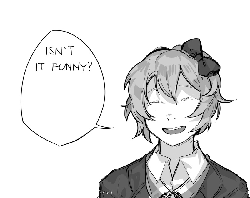 :d artist_name bow closed_eyes collared_shirt commentary crying doki_doki_literature_club english facing_viewer greyscale hair_bow idk-kun jacket monochrome open_mouth sayori_(doki_doki_literature_club) shirt short_hair signature smile solo speech_bubble spoilers tears thumbnail_surprise transparent_background twitter_username upper_body wing_collar