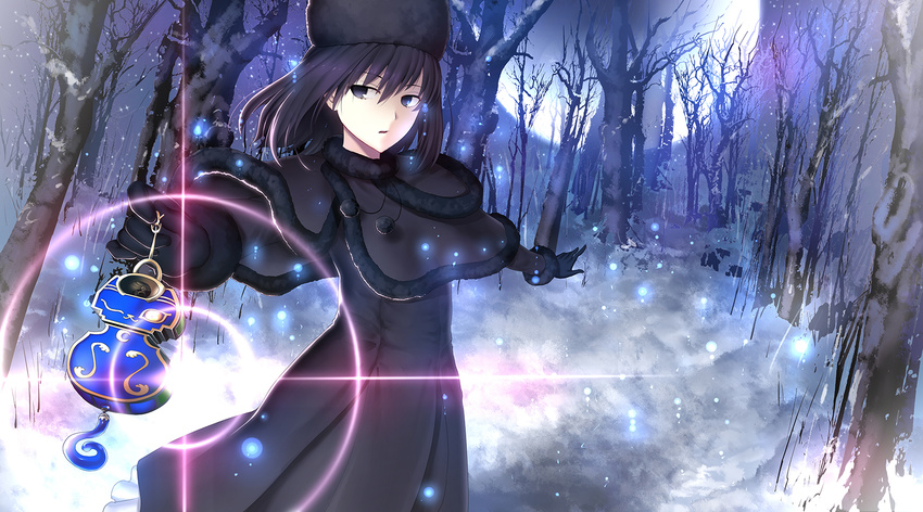 black_dress black_eyes black_gloves black_hair black_hat capelet dress floating_hair forest fur_trim gloves hair_between_eyes hat highres holding kuonji_alice kuraka mahou_tsukai_no_yoru nature open_mouth outdoors outstretched_arms snow solo standing tree
