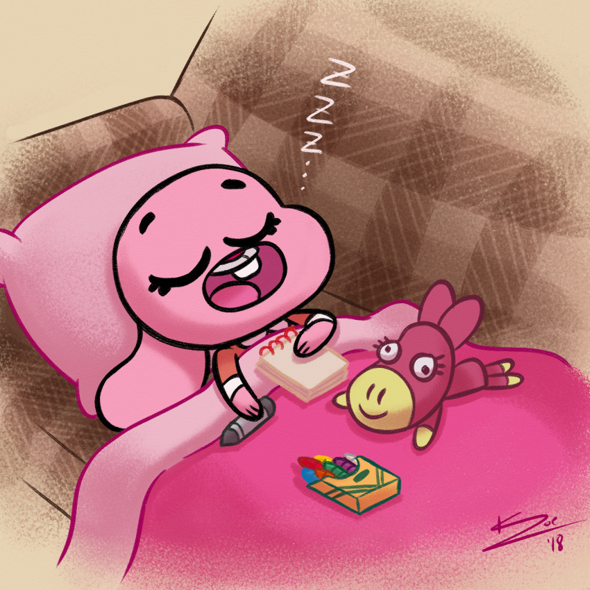 anais_watterson anthro bedding blanket buckteeth cartoon_network crayons cub daisy_the_donkey female fur lagomorph mammal notebook open_mouth phoenixkenny pillow pink_fur rabbit sibling sister sleeping sofa teeth the_amazing_world_of_gumball tongue young