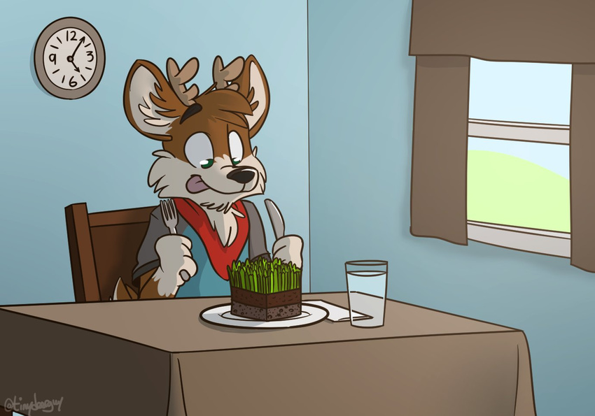 beverage building cervine clock deer dinner eating glass house male mammal plate table thesepantsdontfit tinydeerguy water