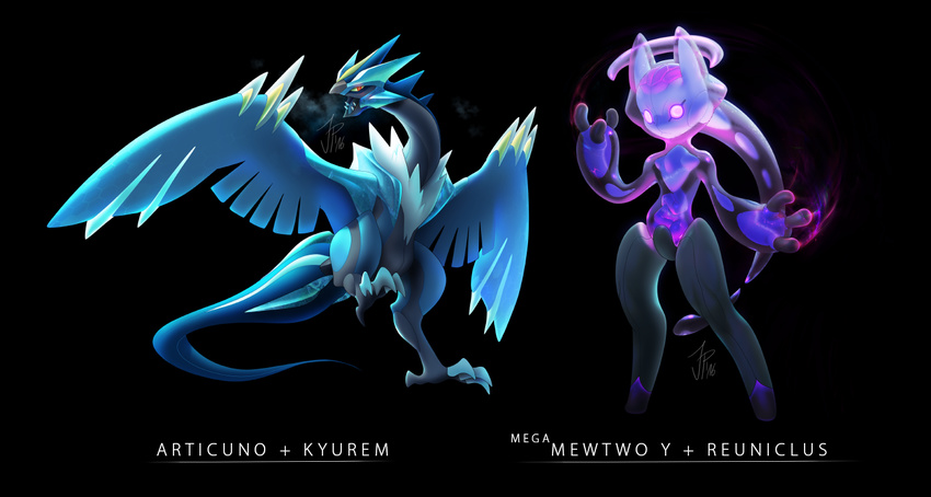 articuno black_background blue_feathers breath chest_tuft feathered_wings feathers feral fusion horn kyurem legendary_pok&eacute;mon magic_user mega_evolution mega_mewtwo mega_mewtwo_y nintendo pok&eacute;mon pok&eacute;mon_(species) purple_body reuniclus sharp_teeth signature simple_background syntheticimagination talons teeth translucent_body tuft video_games wings