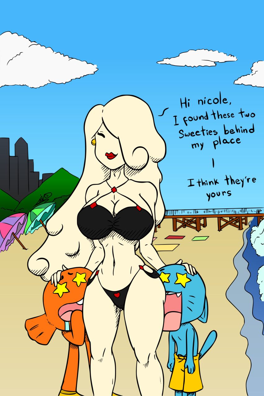 &lt;3 4_fingers age_difference beach beach_blanket big_breasts bikini boardwalk breasts brother cartoon_network cleavage clothed clothing cloud darwin_watterson drooling ear_piercing english_text eyeless felid female fish goldfish gumball_watterson hair hair_over_eye hand_on_head hi_res humanoid jeinsx lips long_hair male mammal marine mature_female mountain navel open_mouth piercing saliva seaside sibling skyline skyscraper smile star_eyes swimming_trunks swimsuit teeth text the_amazing_world_of_gumball tongue topless umbrella voluptuous whiskers wide_hips young yuki_yoshida