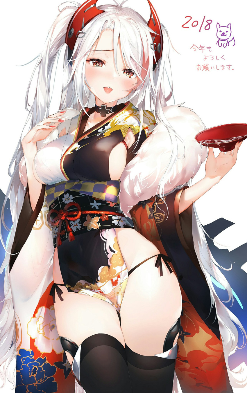 2018 alcohol azur_lane black_legwear black_panties breasts choker cowboy_shot cup eyebrows floral_print fur_collar hair_ornament hairclip half-closed_eyes hand_up highres holding iron_cross japanese_clothes kimono kotoyoro long_hair looking_at_viewer medium_breasts nail_polish new_year obi panties pelvic_curtain prinz_eugen_(azur_lane) red_nails sakazuki sake sash side-tie_panties sideboob simple_background smile solo thighhighs umibouzu_(niito) underwear white_background white_hair yukata