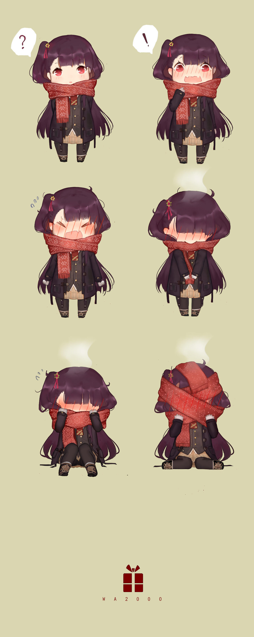 &gt;_&lt; 1girl ? absurdres biting biting_clothes blush box character_name chibi closed_eyes coat commentary_request covering_face embarrassed enpera eyebrows_visible_through_hair fang full-face_blush gift gift_box girls_frontline gloves hair_ornament highres long_hair oka_ball one_side_up pantyhose pointing pointing_at_self progression red_eyes scarf scarf_on_head simple_background sitting skirt speech_bubble steam sweatdrop wa2000_(girls_frontline) wariza