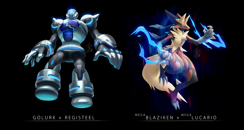 alternate_species ambiguous_gender anthro avian bird canine duo fan_character fusion golurk legendary_pok&eacute;mon mammal mega_blaziken mega_evolution mega_lucario nintendo nude pok&eacute;mon pok&eacute;mon_(species) registeel syntheticimagination video_games