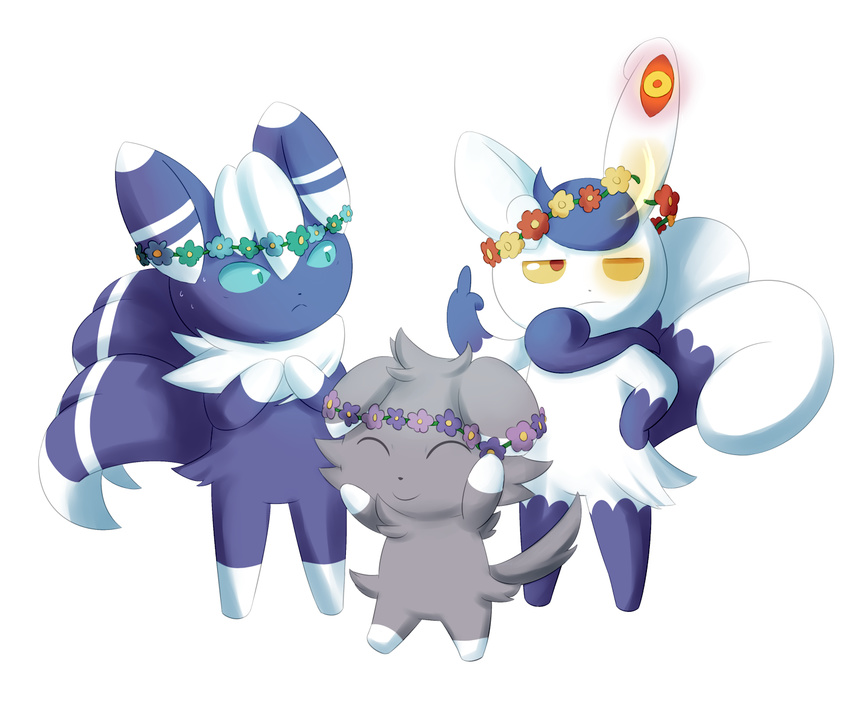 achro ambiguous_gender espurr flower_crown group meowstic middle_finger nintendo pok&eacute;mon pok&eacute;mon_(species) semi-anthro simple_background video_games