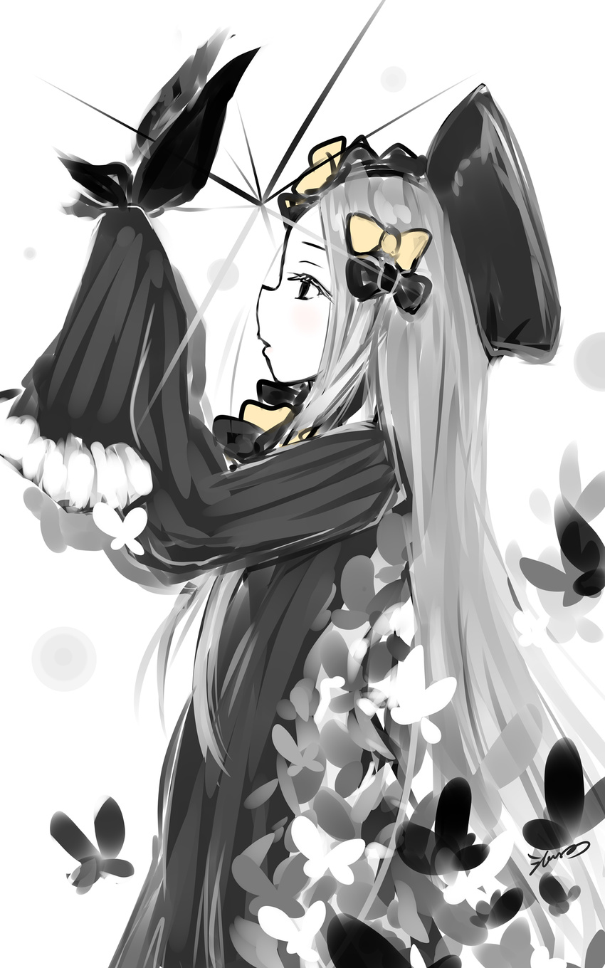 abigail_williams_(fate/grand_order) arms_up bangs blush bow bug butterfly commentary_request dress eatbara fate/grand_order fate_(series) hair_bow hat highres insect long_hair monochrome orange_bow parted_bangs parted_lips profile signature sketch sleeves_past_fingers sleeves_past_wrists solo spot_color very_long_hair white_background