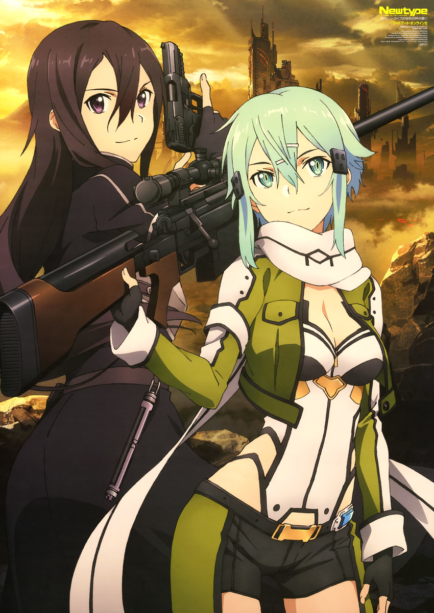 1girl absurdres anti-materiel_rifle aqua_eyes aqua_hair black_hair black_shorts breastplate breasts carrying cleavage closed_mouth copyright_name cowboy_shot cropped_jacket fingerless_gloves five-seven_(gun) gloves green_jacket gun handgun highres jacket kirito kirito_(sao-ggo) long_hair long_sleeves looking_at_viewer medium_breasts newtype official_art outdoors pgm_hecate_ii purple_eyes rifle scarf sekizaki_masaya shiny shiny_hair short_hair short_hair_with_long_locks short_shorts shorts shoulder_carry sinon smile sniper_rifle standing sword_art_online trigger_discipline weapon