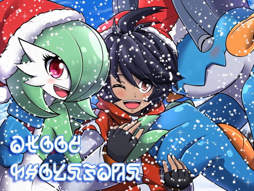 ''squirtle''(swampert) 4:3 ambiguous_gender brown_eyes casey(oc) christmas clothing gardevoir group holidays human humanoid male mammal mgx0 nintendo outside pok&eacute;mon pok&eacute;mon_(species) red_eyes snow swampert video_games yuno(gardevoir)