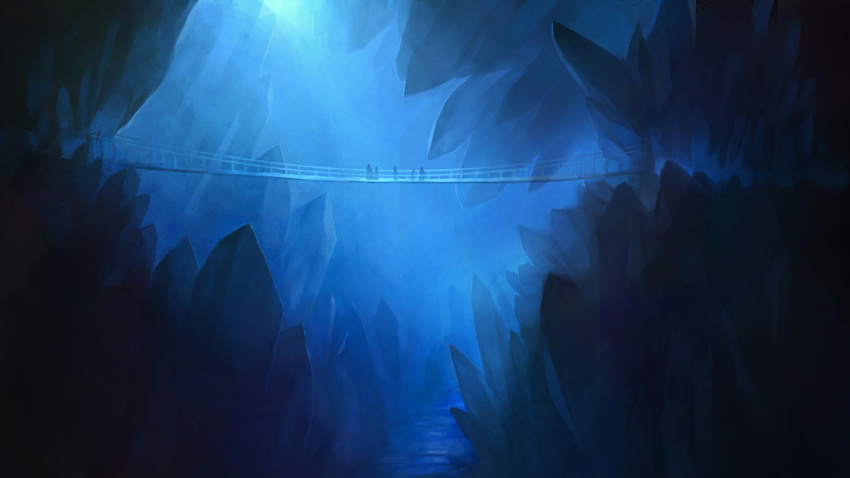 blue bridge cave chasm commentary_request crystal highres original people rock sachi_(yumemayoi) scenery standing sunlight underground