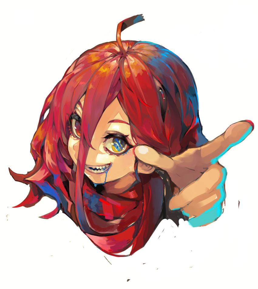 1girl blue_eyes hair_between_eyes hair_ornament highres maido_mido medium_hair multicolored multicolored_eyes multicolored_hair nail_polish original pointing red_eyes red_hair red_nails saliva simple_background smile solo teeth white_background