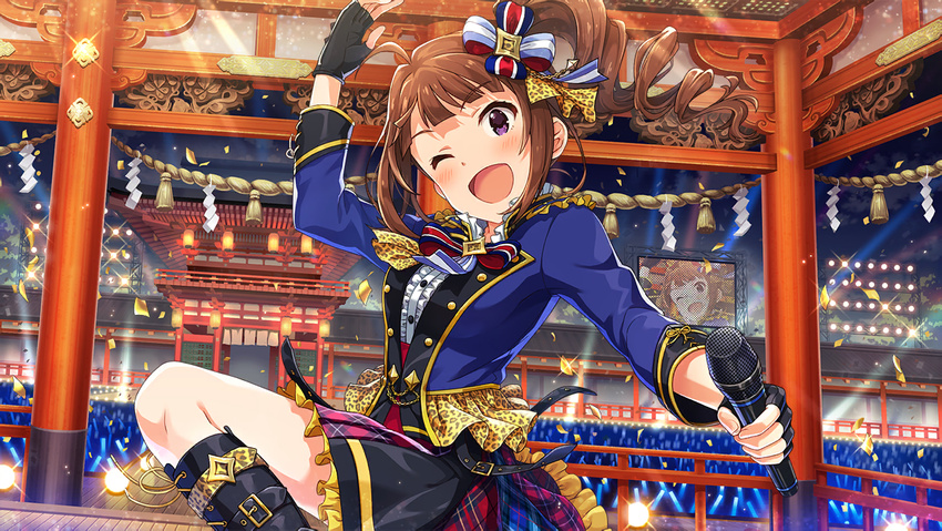 blush brown_hair coat gloves idolmaster idolmaster_million_live! idolmaster_million_live!_theater_days long_hair side_ponytail smile violet_eyes wink