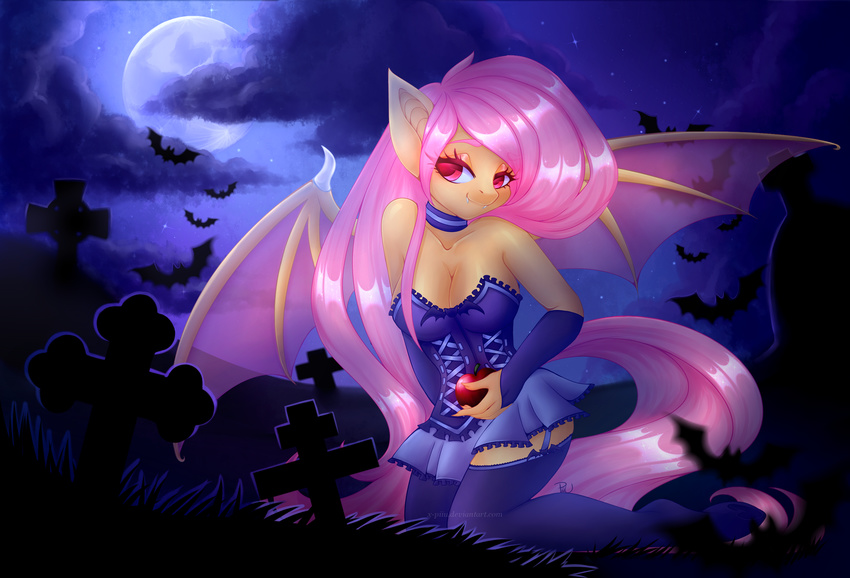 2017 anthro apple armwear bat bat_pony bat_wings breasts cleavage clothed clothing cloud collar cute cute_fangs detailed_background elbow_gloves equine eyebrows eyelashes fangs female flutterbat_(mlp) fluttershy_(mlp) food friendship_is_magic fruit full-length_portrait fully_clothed gloves grass grave hair halloween hi_res holding_food holding_object holidays horse kneeling legwear lingerie long_hair looking_at_viewer makeup mammal mascara membranous_wings moon my_little_pony night piiu pink_hair pony portrait pose red_eyes signature sky solo star starry_sky stockings text tombstone watermark wings