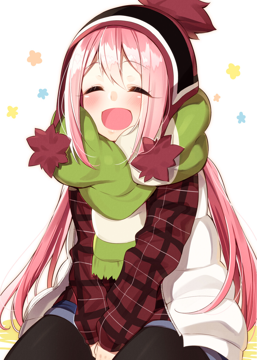 :d bangs black_legwear blush closed_eyes eyebrows_visible_through_hair facing_viewer happy hat highres jacket kagamihara_nadeshiko long_hair long_sleeves open_mouth pantyhose pantyhose_under_shorts pink_hair plaid pom_pom_(clothes) sakuragi_ren scarf shorts sitting smile solo sweater v_arms very_long_hair winter_clothes yurucamp