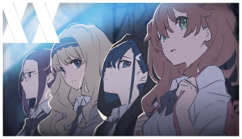 absurdres bangs black_neckwear blonde_hair blue_eyes blue_hair bow bowtie brown_eyes brown_hair darling_in_the_franxx film_grain freckles from_side glasses green_eyes hair_ornament hairclip highres hood hood_up ichigo_(darling_in_the_franxx) ikuno_(darling_in_the_franxx) kokoro_(darling_in_the_franxx) long_hair looking_at_viewer looking_to_the_side miku_(darling_in_the_franxx) multiple_girls necktie wavy_hair yoneyama_mai