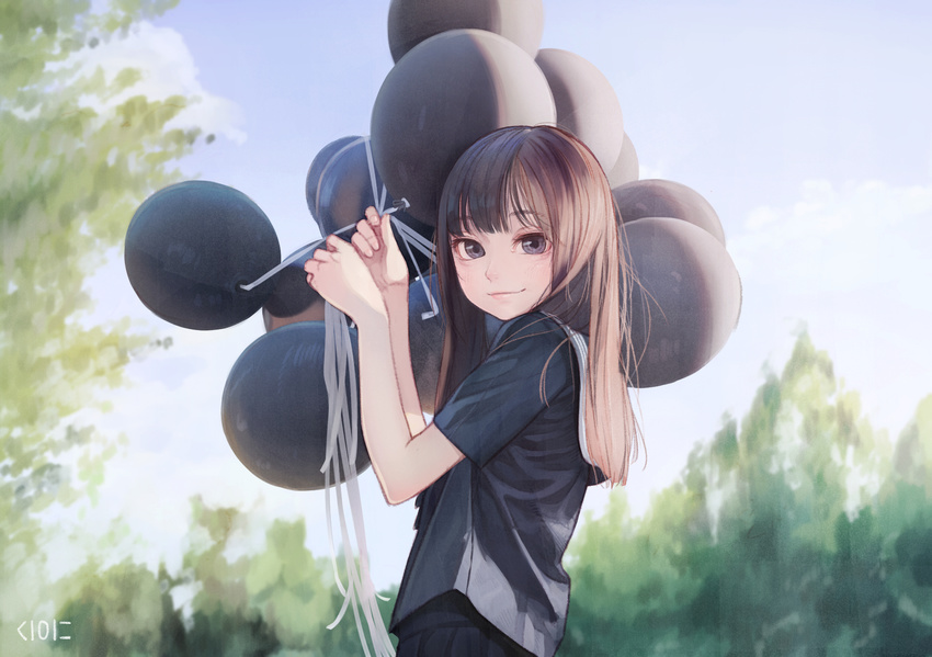 artist_name balloon bangs black_serafuku blue_sky blunt_bangs blurry blurry_background blush brown_hair closed_mouth day eyebrows eyebrows_visible_through_hair from_side highres holding lips long_hair looking_at_viewer looking_to_the_side original outdoors purple_eyes school_uniform serafuku short_sleeves sky smile solo tree upper_body yunamul