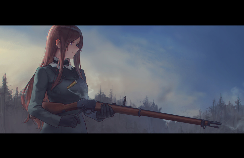 brown_hair closed_mouth cloud day dorothy_(princess_principal) from_side genso green_coat gun holding holding_gun holding_weapon letterboxed lever_action long_hair martini-henry outdoors princess_principal profile purple_eyes rifle shell_casing sky smile smoke smoking_gun solo weapon