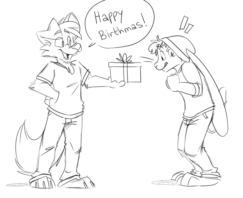 barefoot birthday black_and_white canine christmas clothed clothing comic dialogue dog english_text fully_clothed gift hat holidays lagomorph mammal monochrome pants rabbit shirt text thesepantsdontfit tinydeerguy