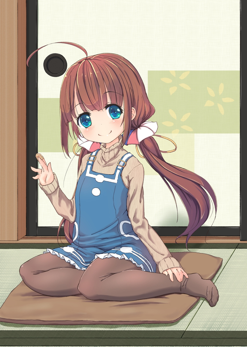 ahoge bangs between_fingers blue_dress blue_eyes blush board_game brown_hair brown_legwear brown_sweater closed_mouth commentary_request cushion dress eyebrows_visible_through_hair full_body hair_ribbon hand_up head_tilt highres hinatsuru_ai holding indoors long_hair long_sleeves looking_at_viewer low_twintails no_shoes pantyhose ribbon ryuuou_no_oshigoto! sakuna shougi sleeveless sleeveless_dress sleeves_past_wrists sliding_doors smile solo sweater turtleneck turtleneck_sweater twintails very_long_hair yellow_ribbon zabuton