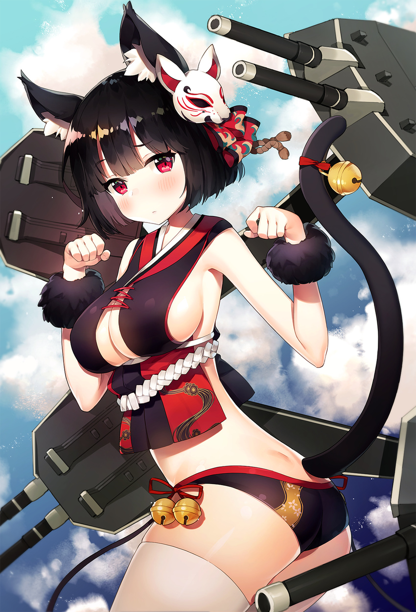 adapted_costume animal_ears ass ayamy azur_lane bell black_hair black_panties blush breasts cat_ears cat_tail closed_mouth cloud cowboy_shot day dimples_of_venus eyebrows_visible_through_hair fox_mask from_side highres jingle_bell large_breasts looking_at_viewer machinery mask outdoors panties paw_pose red_eyes short_hair sky solo standing tail tail_bell underwear yamashiro_(azur_lane)