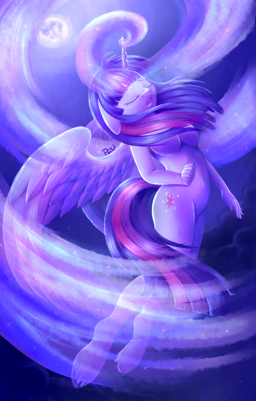 2017 anthro anthrofield breasts cloud convenient_censorship cutie_mark equine eyelashes eyes_closed feathered_wings feathers female floating friendship_is_magic full-length_portrait hair hi_res hooves horn magic mammal moon multicolored_hair my_little_pony navel night nude open_mouth outside piiu portrait signature sky solo sparkles spiral star suspended_in_midair tongue twilight_sparkle_(mlp) winged_unicorn wings