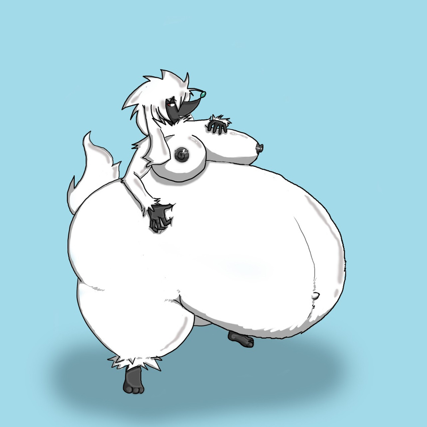 anthro belly big_belly big_breasts big_butt biped black_nipples black_skin breasts butt canine cyan_background dog female fur furfrou hair huge_butt hyper hyper_belly mammal morbidly_obese nintendo nipples obese overweight pok&eacute;mon pok&eacute;mon_(species) poodle sdsds96 thick_thighs video_games white_fur white_hair