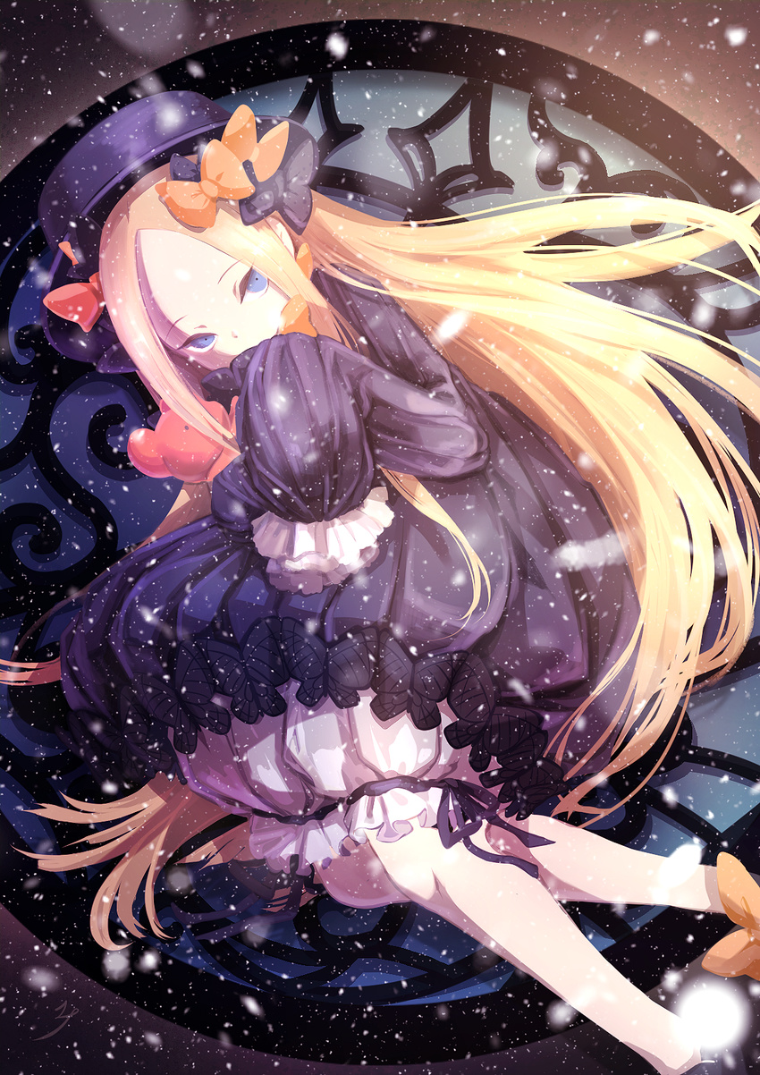 abigail_williams_(fate/grand_order) bangs black_bow black_dress black_footwear black_hat blonde_hair bloomers blue_eyes bow bug butterfly commentary_request dress fate/grand_order fate_(series) forehead hair_bow hat highres insect long_hair long_sleeves looking_at_viewer lying mike_(mike-neko-chip) object_hug on_side orange_bow parted_bangs polka_dot polka_dot_bow shoes sleeves_past_fingers sleeves_past_wrists solo stuffed_animal stuffed_toy teddy_bear underwear very_long_hair white_bloomers