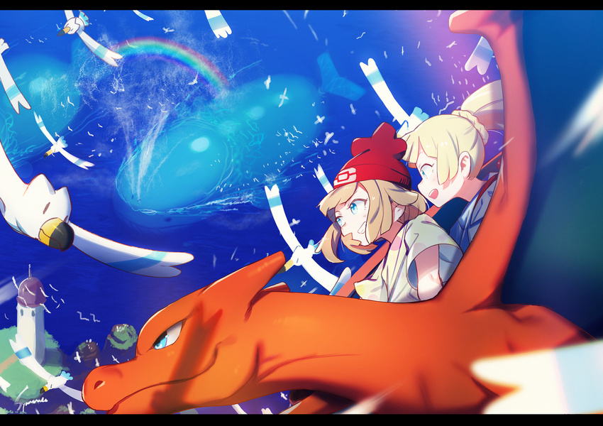 :d beanie blonde_hair blue_eyes charizard flying gen_1_pokemon gen_3_pokemon hat island letterboxed lighthouse lillie_(pokemon) mizuki_(pokemon) multiple_girls open_mouth pokemon pokemon_(creature) pokemon_(game) pokemon_sm rainbow shamonabe shirt short_sleeves sideways_mouth smile wailord white_shirt wingull