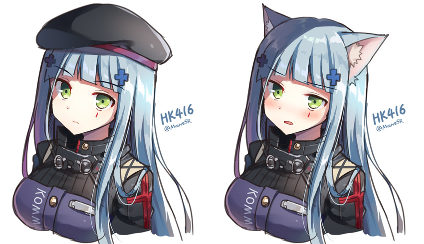 animal_ears bangs beret black_hat black_jacket blue_hair blush breasts cat_ears closed_mouth eyebrows_visible_through_hair facial_mark girls_frontline green_eyes hair_ornament hat hk416_(girls_frontline) jacket kemonomimi_mode long_hair looking_at_viewer mauve medium_breasts multiple_views parted_lips simple_background twitter_username very_long_hair white_background