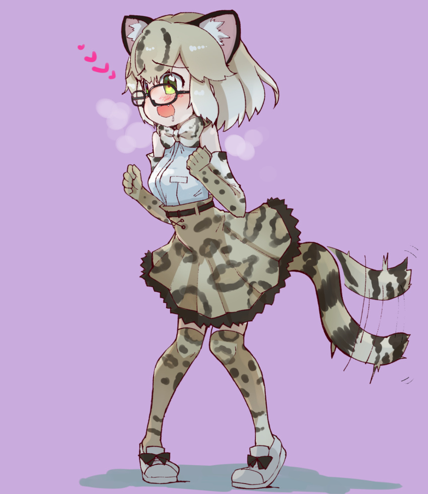 afterimage animal_ears blush bow breath cat_ears commentary_request drooling eyebrows_visible_through_hair fang glasses heart highres kemono_friends margay_(kemono_friends) margay_print pigeon-toed saliva skirt solo tail_wagging teranekosu thighhighs tiptoes