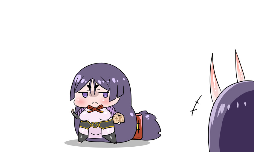 2girls absurdly_long_hair absurdres alpha_transparency black_legwear blush bodysuit chibi closed_mouth commentary commentary_request facing_away fate/grand_order fate_(series) frown highres holding horns jitome legs_apart long_hair looking_at_another looking_at_viewer minamoto_no_raikou_(fate/grand_order) multiple_girls neck_ribbon oni purple_eyes purple_hair red_neckwear red_ribbon rei_(rei_rr) ribbon shuten_douji_(fate/grand_order) solo_focus stand_(jojo) thighhighs thumbnail_surprise very_long_hair when_you_see_it white_background