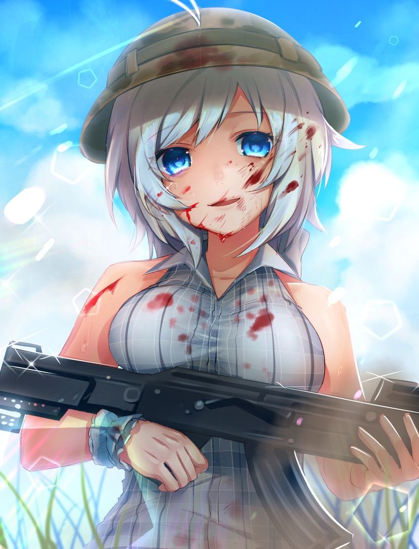antenna_hair ayamori_mimi bare_shoulders blood blood_on_face bloody_clothes bloody_hair blue_eyes blue_scrunchie breasts collared_shirt day dennou_shoujo_youtuber_shiro grass gun hair_through_headwear helmet highres holding holding_weapon large_breasts lens_flare light_rays looking_at_viewer open_mouth outdoors scrunchie shiro_(dennou_shoujo_youtuber_shiro) shirt short_hair sky sleeveless smile solo upper_body virtual_youtuber weapon white_hair wrist_scrunchie