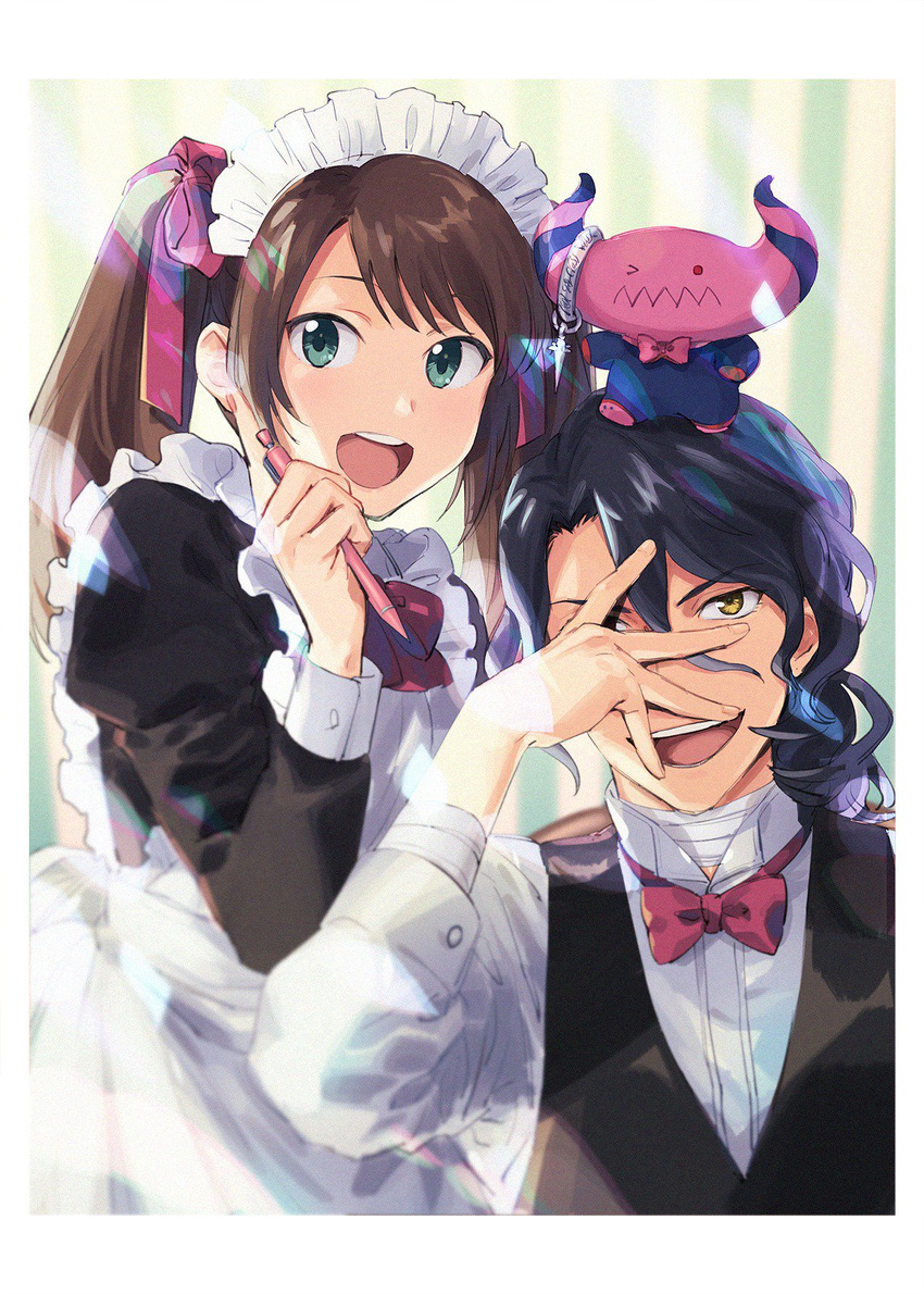 apron asselin_bb_ii black_hair blush brown_hair butler crossdressing green_eyes highres idolmaster idolmaster_side-m long_hair looking_at_viewer maid maid_apron maid_headdress male_focus mechanical_pencil mizushima_saki multiple_boys multiple_girls open_mouth otoko_no_ko pencil satan_(idolmaster) smile stuffed_toy twintails wavy_hair yellow_eyes yone_f15