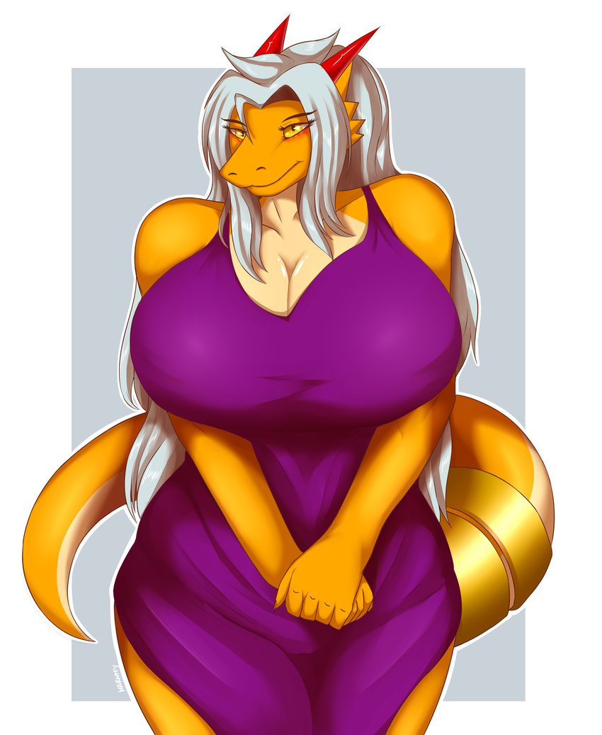 2018 aisyah_zaskia_harnny anthro big_breasts breasts cleavage clothed clothing digital_media_(artwork) dragon female harnny horn looking_at_viewer scalie solo thick_thighs