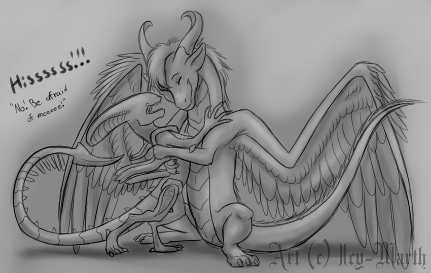 alien alien_(franchise) cute dragon feathered_dragon feathers fur grey_background horn hug icy-marth kothorix simple_background sketch smile text xenomorph