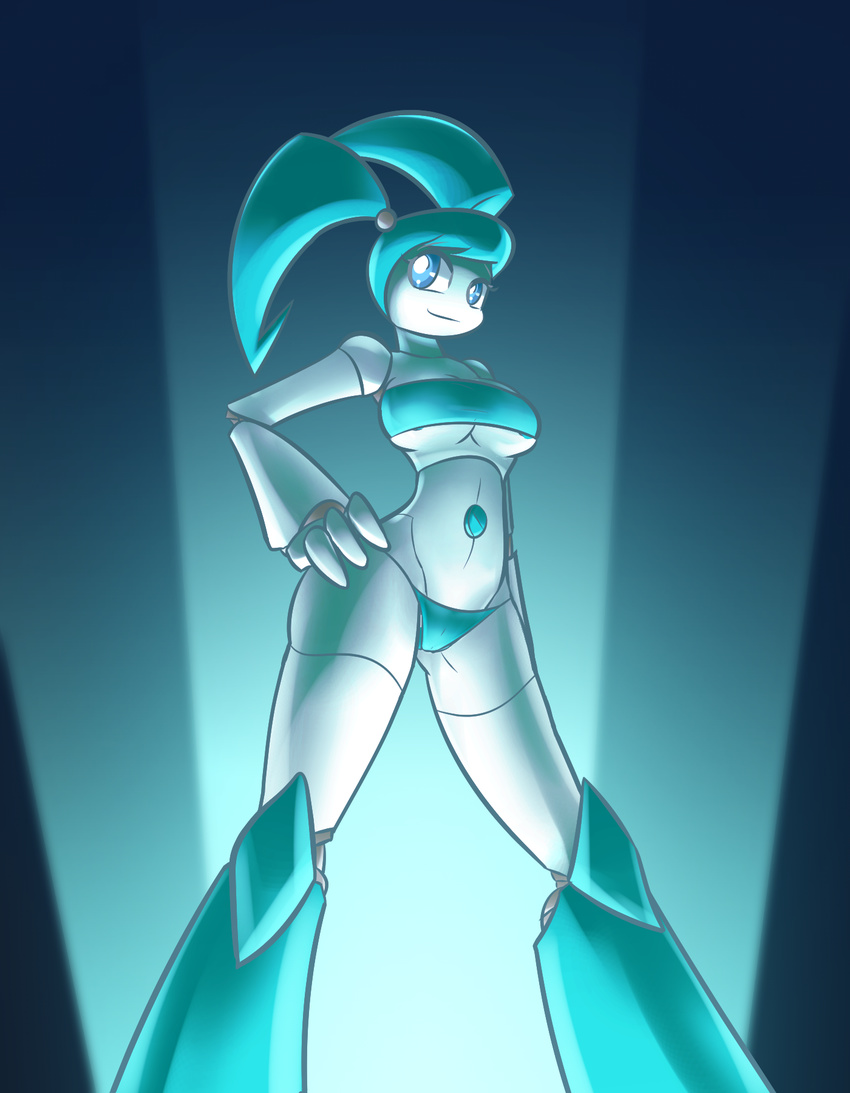 android blue_eyes breasts clothed clothing female green_hair hair hand_on_hip hi_res jenny_wakeman machine my_life_as_a_teenage_robot navel nickelodeon nipple_slip not_furry panties pigtails robot solo standing tube_top under_boob underwear white_body zedrin