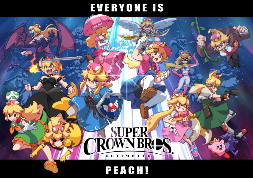 alternate_species ambiguous_gender animal_humanoid bowser bowsette_meme captain_falcon cephalopod cephalopod_humanoid crossgender crown donkey_kong_(series) english_text f-zero female fox_mccloud game_and_watch green_yoshi group gun hi_res human humanoid humanoidized inkling kirby kirby_(series) link mammal marine mario mario_bros melee_weapon metroid mollusk mr._game_and_watch nintendo parasol pikachu pit_(kid_icarus) pok&eacute;mon pok&eacute;mon_(species) pok&eacute;mon_humanoid princess_peach ranged_weapon reptile reptile_humanoid ridley scalie splatoon star_fox super_crown super_smash_bros super_smash_bros._ultimate sword text the_legend_of_zelda thejohnsu video_games vines weapon wings yoshi