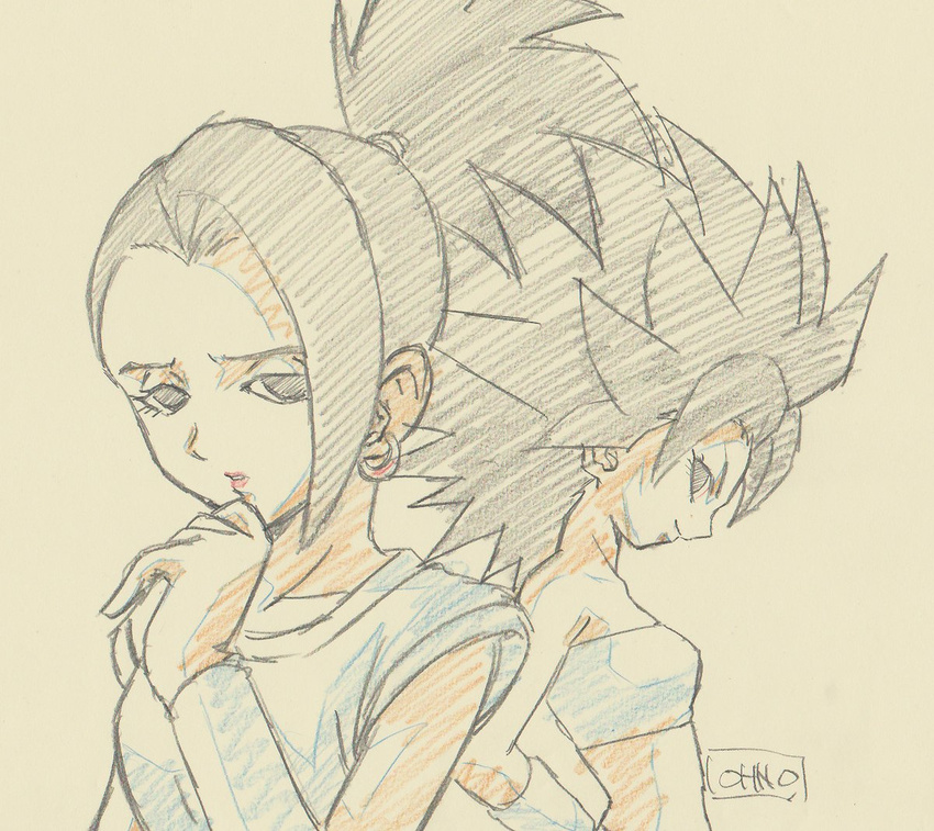 2girls black_eyes black_hair caulifla color_trace downscaled dragon_ball dragon_ball_super earrings frown graphite_(medium) hand_on_hip hand_on_own_chin jewelry kale_(dragon_ball) md5_mismatch multiple_girls oono_tsutomu_(animator) ponytail resized signature simple_background smile spiked_hair tank_top tied_hair traditional_media wristband