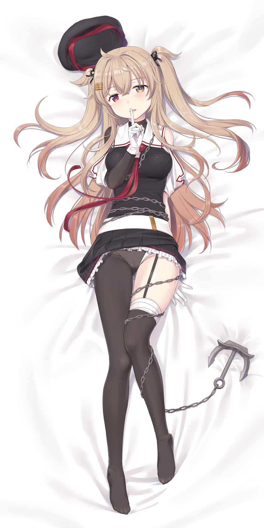 absurdres ahoge anchor asymmetrical_clothes asymmetrical_legwear bad_id bad_pixiv_id bandaged_leg bandages bangs bed_sheet behind_back belt beret black_hat black_legwear black_ribbon black_serafuku black_skirt blush breasts brown_eyes brown_hair chain cnm commentary_request crossed_bangs crotch_seam dakimakura eyebrows_visible_through_hair finger_to_mouth gloves gradient_hair hair_between_eyes hair_ornament hair_ribbon hat hat_removed head_tilt headwear_removed heart heart-shaped_pupils heterochromia highres index_finger_raised kantai_collection light_brown_hair long_hair looking_at_viewer lying medium_breasts multicolored_hair murasame_(kantai_collection) necktie no_shoes on_back open_mouth panties panties_under_pantyhose pantyhose pantyshot pantyshot_(lying) pleated_skirt red_eyes red_neckwear remodel_(kantai_collection) ribbon school_uniform serafuku shoulder_cutout shushing sidelocks single_pantyhose skirt smile solo symbol-shaped_pupils thighhighs two_side_up underwear white_belt white_gloves white_panties